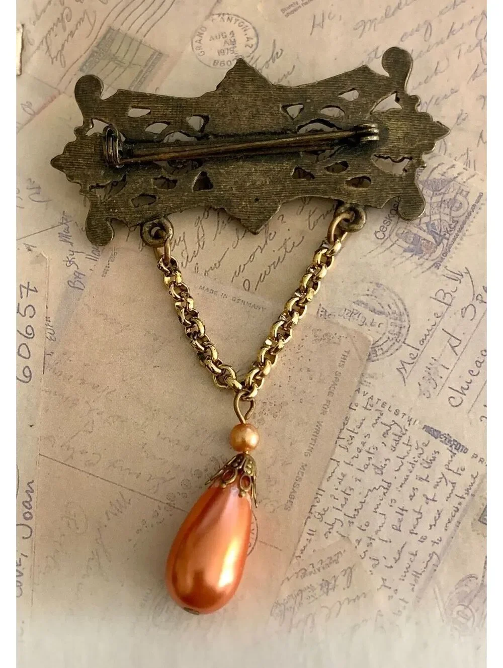 Vintage Elegant Antique Style Brooch with Dangling Pearl Charm